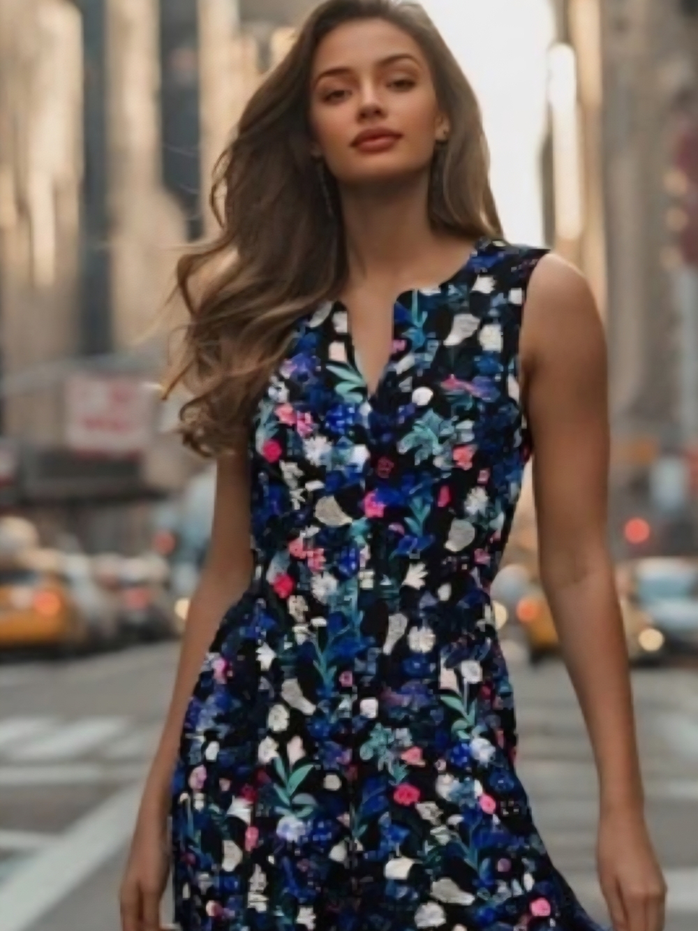 REBECCA TAYLOR | Navy Floral Midi Dress with Pink & White Accents | Size 2